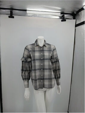 Robert Rodriguez Black Off White Plaid Cotton Blouse Size 4 Ruffle